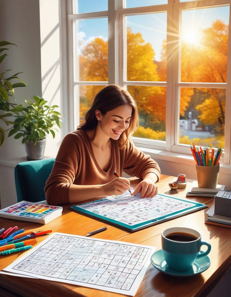 An engaging scene with a variety of Sudoku puzzles, colorful pens, and a cheerful person solving a puzzle at a cozy desk. Include elements like a calendar marked with 'Sudoku Challenge', a cup of coffee, and a window showing a sunny day, to inspire daily practice and fun. vector art. vibrant colors.