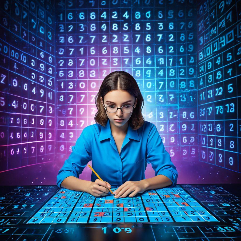 A dynamic and engaging scene showing a person deeply immersed in solving a complex Sudoku puzzle, with numbers lighting up and swirling around them, symbolizing the process of mastering techniques. In the background, a futuristic classroom setting with holographic screens displaying Sudoku tutorials and tips. Colorful and lively atmosphere with a sense of achievement and discovery. vector art. vibrant colors.